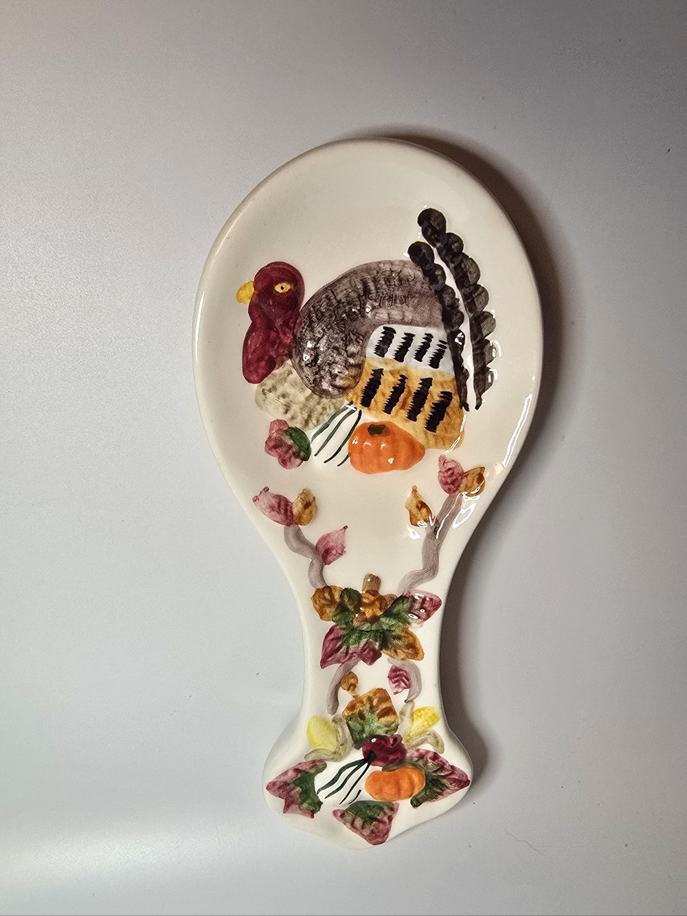 Cream Hand-Painted Turkey Ceramic Spoon Rest with Fall Accents